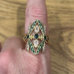 Vintage-Style Gold Tone Dragonfly Ring Green Enamel and Crystal Accents Size 6